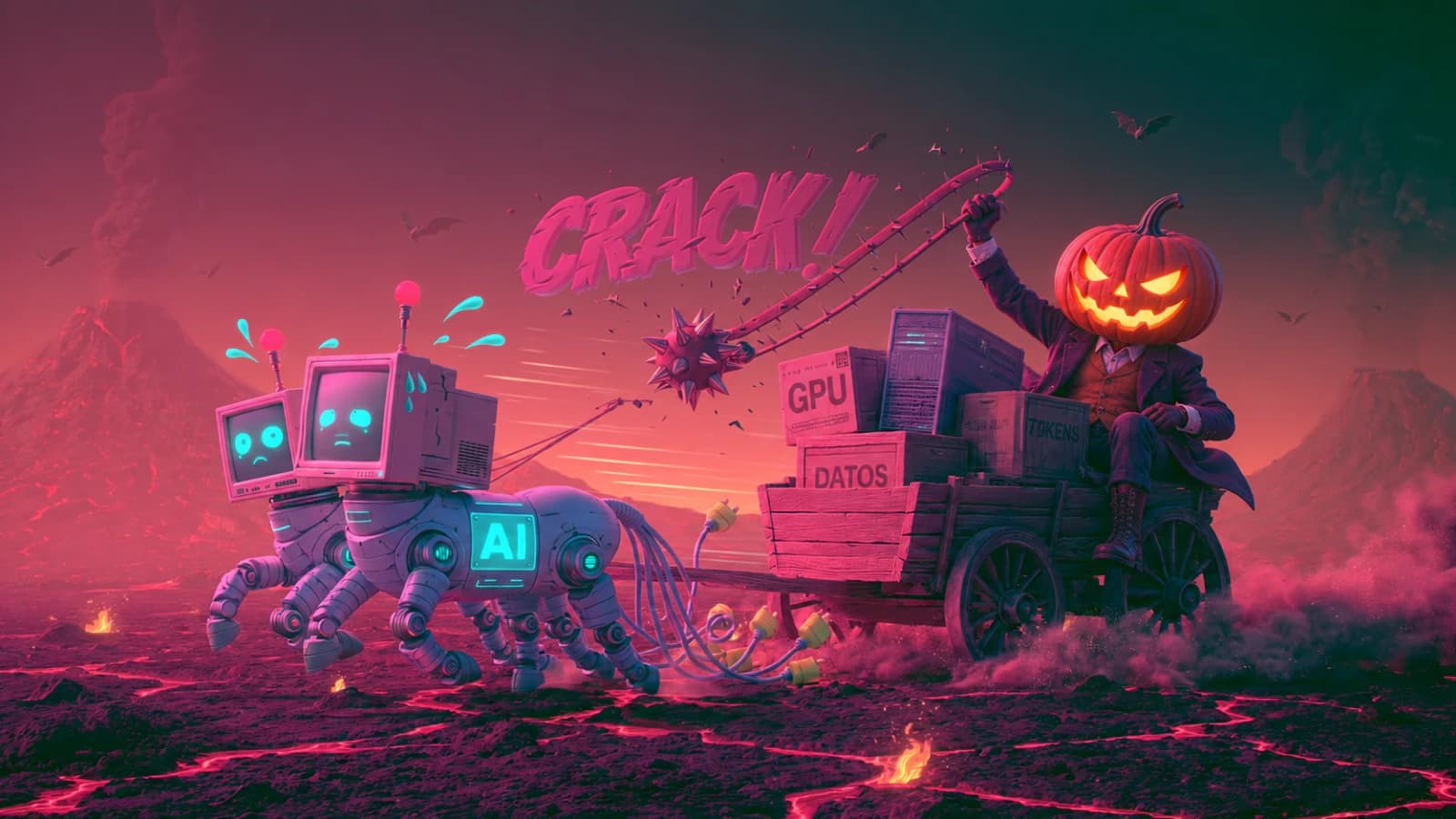 Un jinete con cabeza de calabaza azota con un látigo a dos caballos robot con pantallas llorosas, que tiran de un carro cargado de cajas de GPU, datos y tokens sobre un páramo de lava
